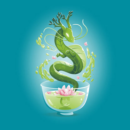 Classic Cotton T-shirt_TeeTurtle Green Tea Dragon Tropical Blue apparel featuring an artistic green dragon with leaf details coming out of a cup of green tea with lotus flowers inside.