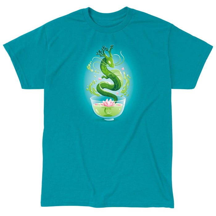 Classic Cotton T-shirt_TeeTurtle Green Tea Dragon Tropical Blue apparel featuring an artistic green dragon with leaf details coming out of a cup of green tea with lotus flowers inside.