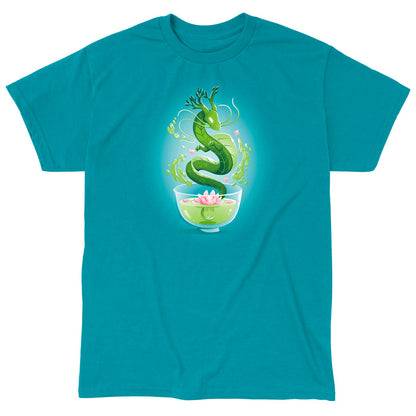 Classic Cotton T-shirt_TeeTurtle Green Tea Dragon Tropical Blue apparel featuring an artistic green dragon with leaf details coming out of a cup of green tea with lotus flowers inside.