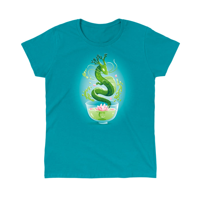 Classic Cotton T-shirt_TeeTurtle Green Tea Dragon Tropical Blue apparel featuring an artistic green dragon with leaf details coming out of a cup of green tea with lotus flowers inside.