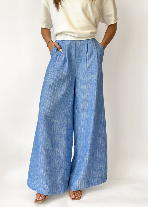 Person wearing blue wide-leg pants and a white top on a white background