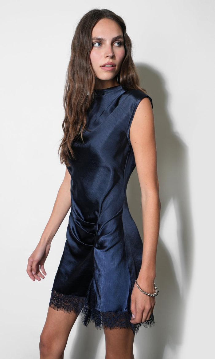 Greylin Ryann Mock Neck Lace Hem Mini Dress in Navy