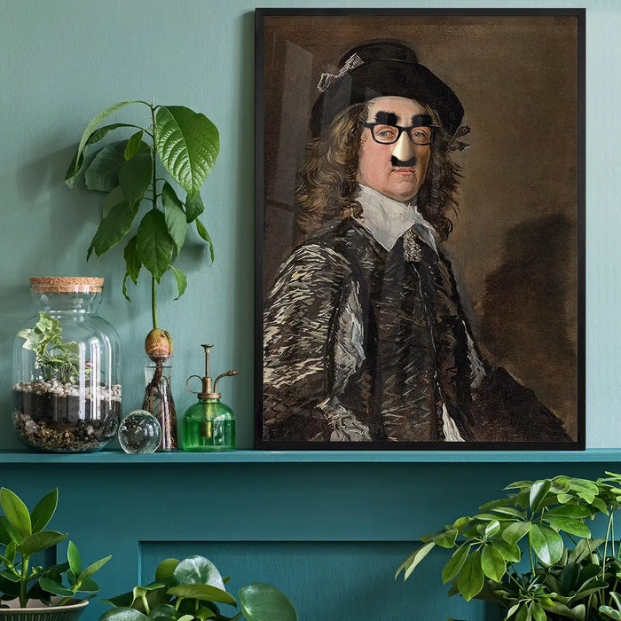Groucho Disguise Altered Art Print, quirky altered art print black framed on a living room shelf