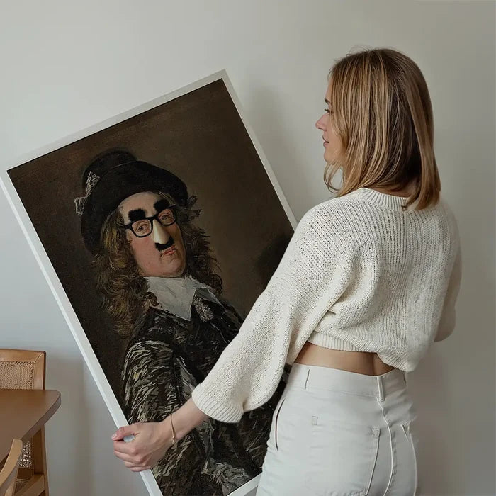 Groucho Disguise Altered Art Print held up against a living room wall