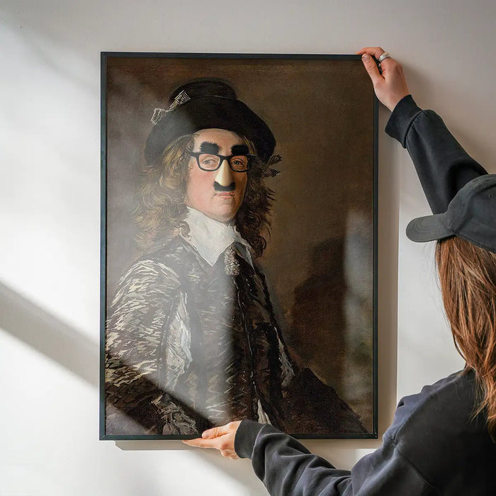 Groucho Disguise Altered Art Print being hung on a wall in a black frame