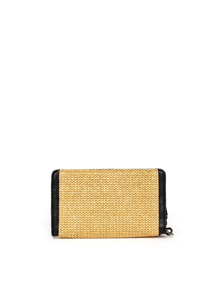 Back of a raffia and black leather wallet on a white background