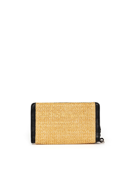 Back of a raffia and black leather wallet on a white background