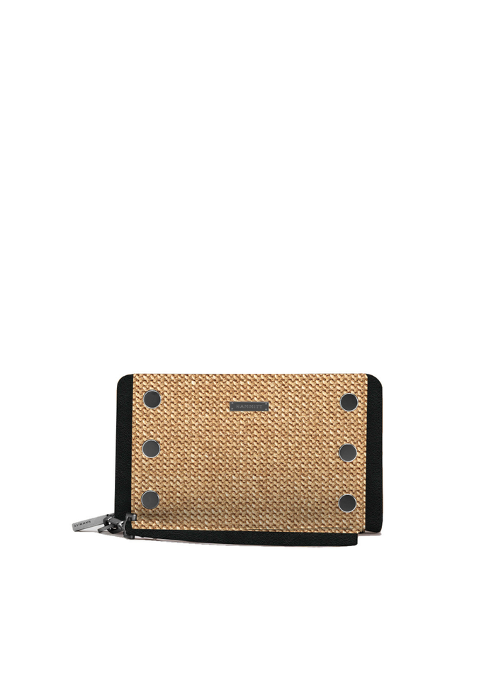 Raffia and black leather wallet on a white background