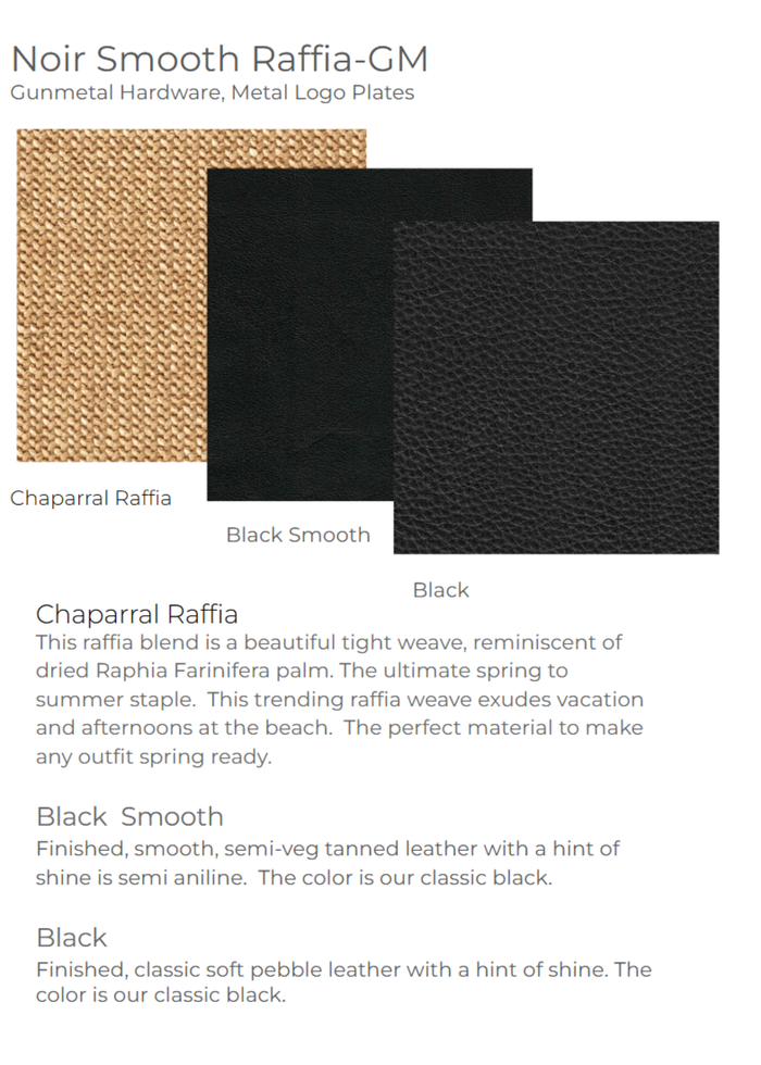Graphic explaining black leather and raffia materials
