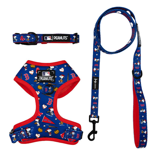 The Sassy Woof Harness Three Piece Bundle - MLB™ x Peanuts™ Boston Red Sox™ features an adjustable harness, collar, and leash with red trim and Snoopy, Woodstock, baseballs, and team logos—perfect for stylish pups and devoted fans.