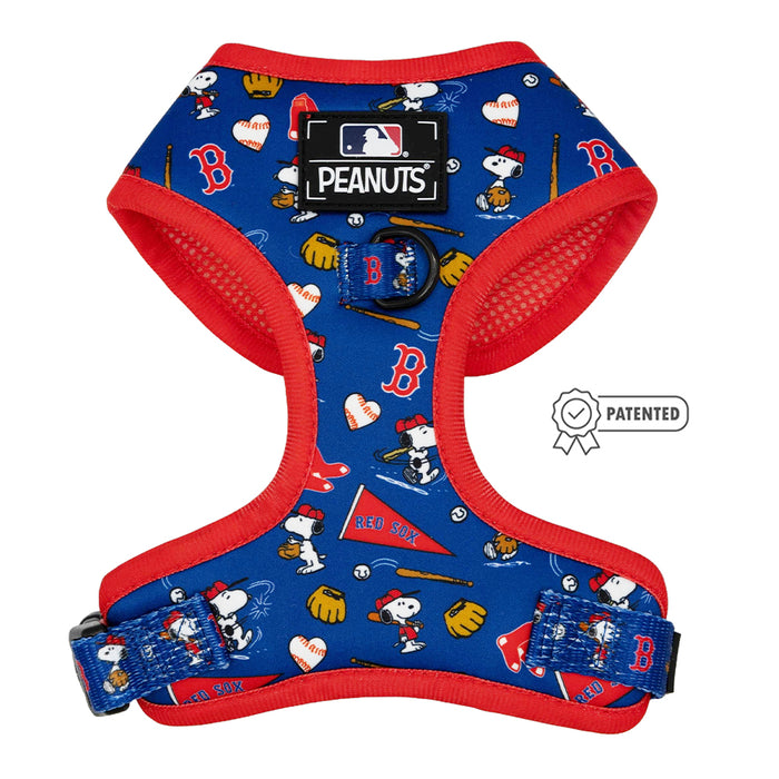 The Sassy Woof Dog Two Piece Bundle - MLB™ x Peanuts™ Boston Red Sox™ is a blue harness with red trim featuring Snoopy, Woodstock, baseball gear, and Boston Red Sox logos. PEANUTS and MLB logos appear on the front beside a Patented badge.