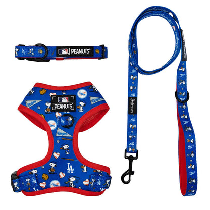 The Sassy Woof Harness Three Piece Bundle - MLB™ x Peanuts™ Los Angeles Dodgers™ features blue and red dog gear with Snoopy, hearts, baseballs, and team logos—ideal for Puppy Growth Pawtection Plan fans. Displayed on white background.