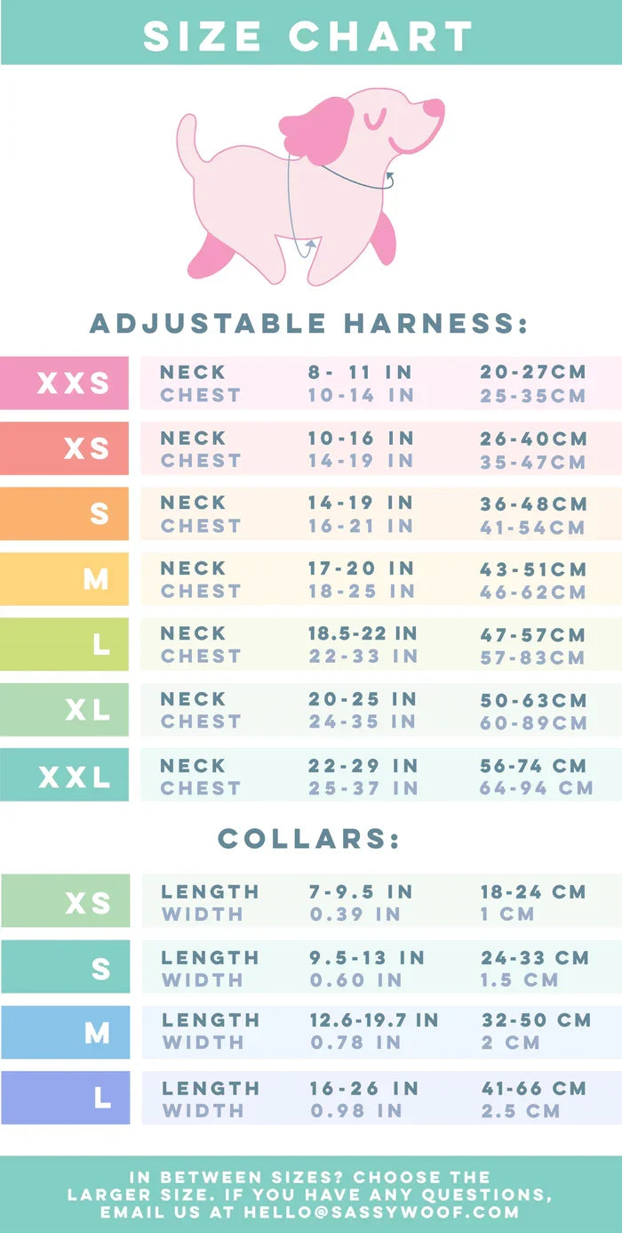 Colorful size chart for the Sassy Woof Harness Three Piece Bundle - MLB™ x Peanuts™ Atlanta Braves™, with a cartoon pink dog on top. Shows harness sizes XXS-XXL and collar sizes XS-L in inches/cm—part of the Puppy Growth Pawtection Plan!.