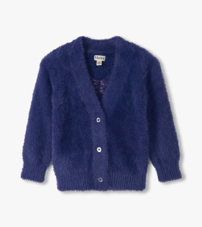 Hatley Pink Bow Fuzzy Cardigan in Bright Cobalt
