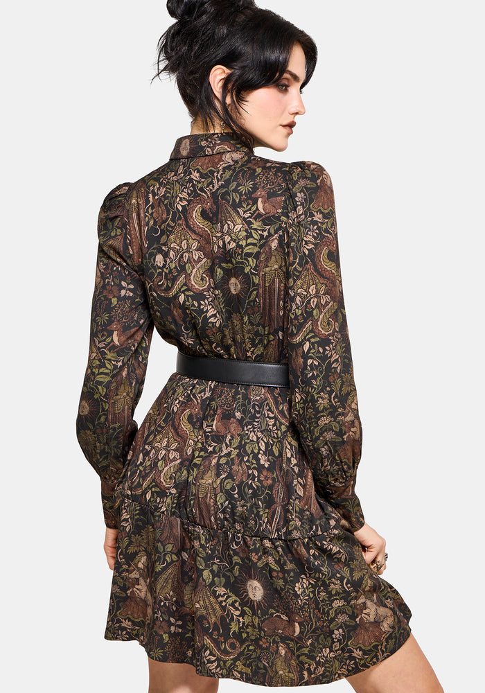 Haunt Medieval Print Mini Shirt Dress