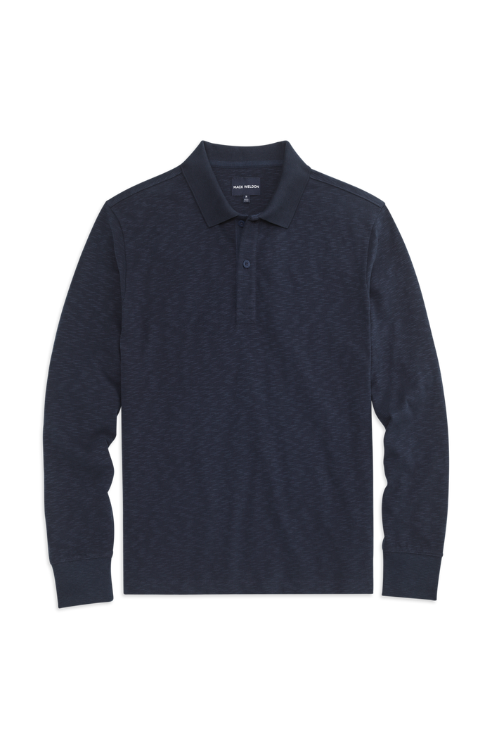 Front view of Heavyweight Slub Long Sleeve Polo in Night Sky