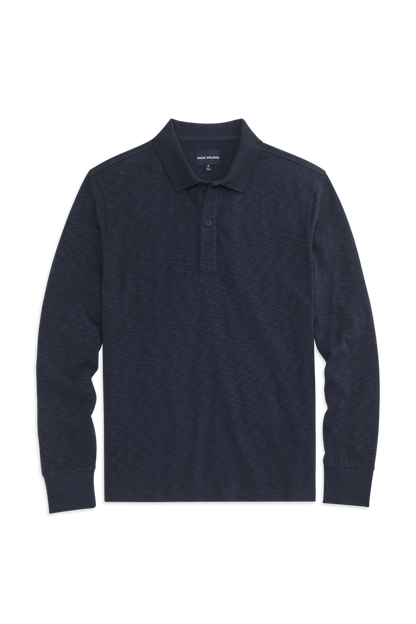 Front view of Heavyweight Slub Long Sleeve Polo in Night Sky