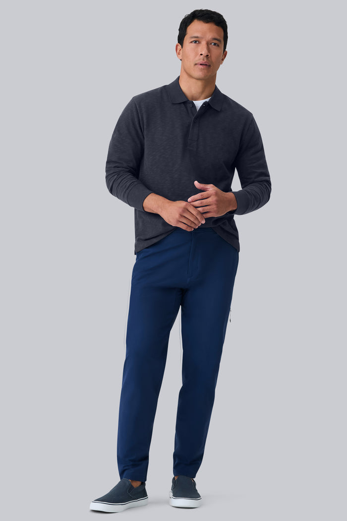 Full front view of a man wearing Heavyweight Slub Long Sleeve Polo in Night Sky