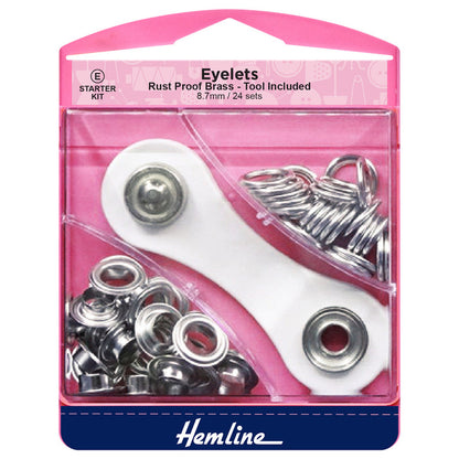 Hemline Eyelets Starter Kit: 8.7mm: Nickel and Silver: (E): 24 Pieces - Eyelet Starter Kit
