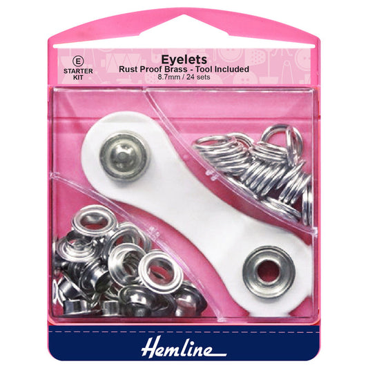 Hemline Eyelets Starter Kit: 8.7mm: Nickel and Silver: (E): 24 Pieces - Eyelet Starter Kit