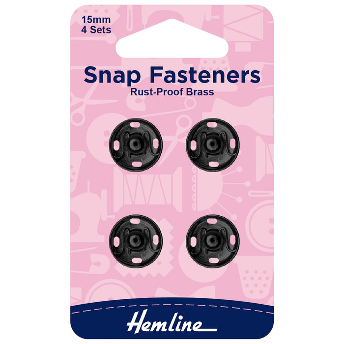 Hemline Snap Fasteners: Sew-on: Black: 15mm: Pack of 4 - Snaps