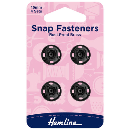 Hemline Snap Fasteners: Sew-on: Black: 15mm: Pack of 4 - Snaps