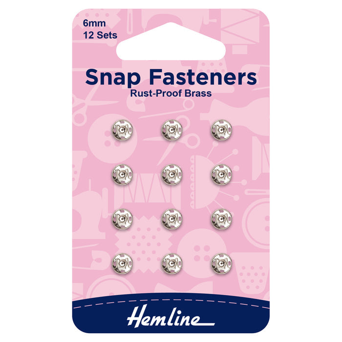 Hemline Snap Fasteners: Sew-on: Nickel: 6mm: Pack of 12 - Snaps