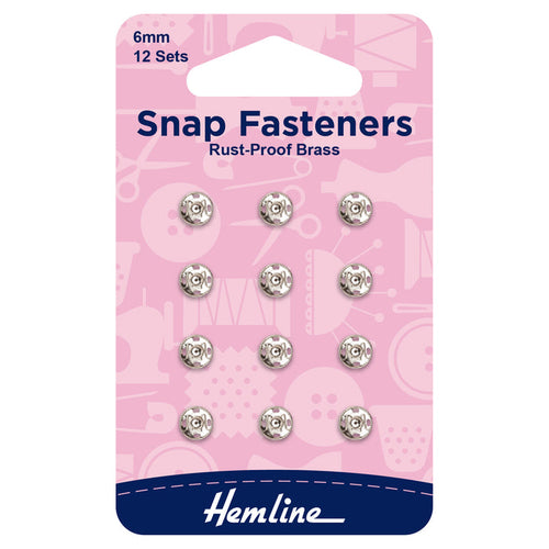 Hemline Snap Fasteners: Sew-on: Nickel: 6mm: Pack of 12 - Snaps