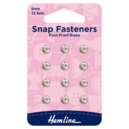 Hemline Snap Fasteners: Sew-on: Nickel: 6mm: Pack of 12 - Snaps