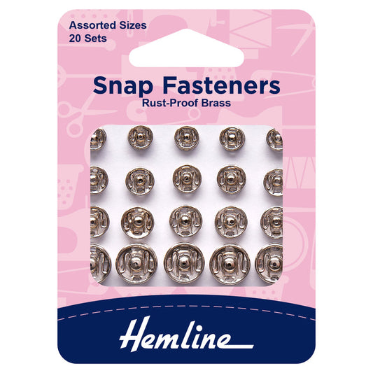 Hemline Snap Fasteners: Sew-on: Nickel: Assorted: Pack of 20 - Snaps