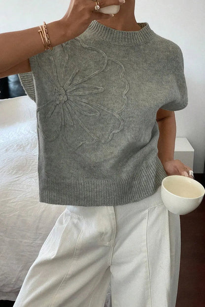 High Flower Pattern Ribbed Trim Short Sleeve Boxy Sweater - High-rise / S / 55% Acrylic + 45% Cotton - Sweaters &
