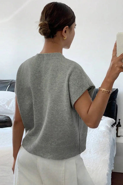High Flower Pattern Ribbed Trim Short Sleeve Boxy Sweater - Sweaters & Cardigans/Short