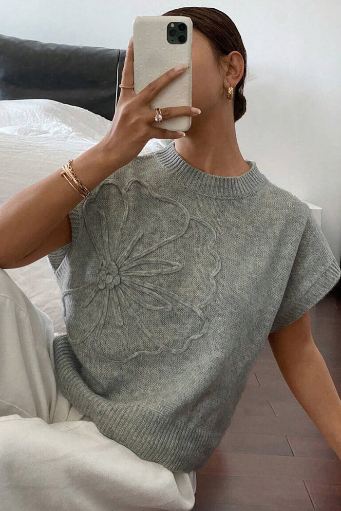 High Flower Pattern Ribbed Trim Short Sleeve Boxy Sweater - Sweaters & Cardigans/Short