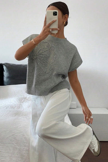 High Flower Pattern Ribbed Trim Short Sleeve Boxy Sweater - Sweaters & Cardigans/Short