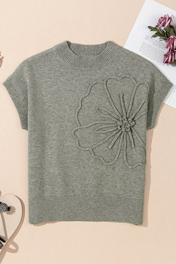 High Flower Pattern Ribbed Trim Short Sleeve Boxy Sweater - Sweaters & Cardigans/Short