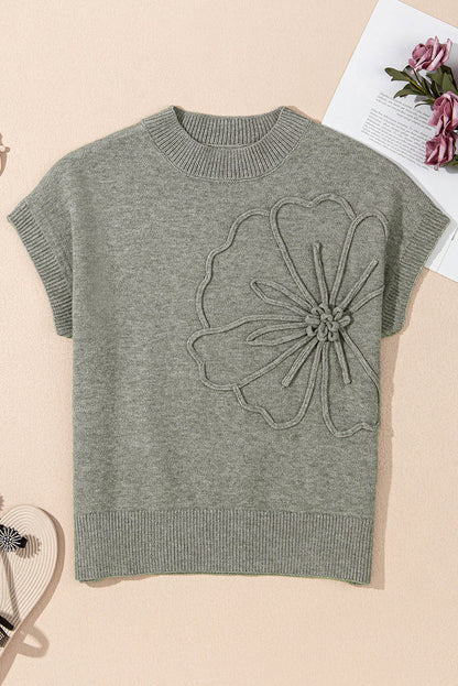 High Flower Pattern Ribbed Trim Short Sleeve Boxy Sweater - Sweaters & Cardigans/Short
