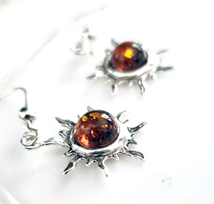 Honey Amber Sterling Silver Small Flaming Sun Fish-Hook Earrings BuyRussianGifts Store