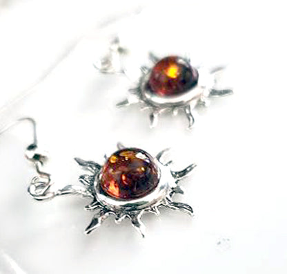 Honey Amber Sterling Silver Small Flaming Sun Fish-Hook Earrings BuyRussianGifts Store