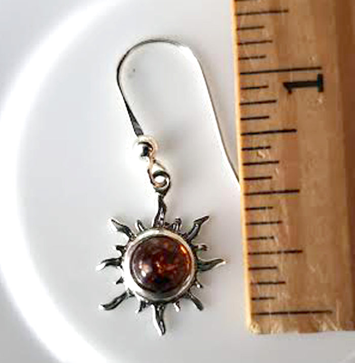 Honey Amber Sterling Silver Small Flaming Sun Fish-Hook Earrings BuyRussianGifts Store