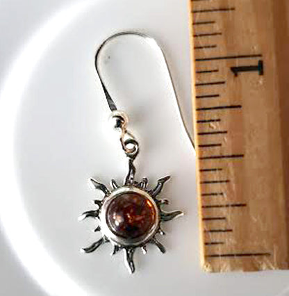 Honey Amber Sterling Silver Small Flaming Sun Fish-Hook Earrings BuyRussianGifts Store