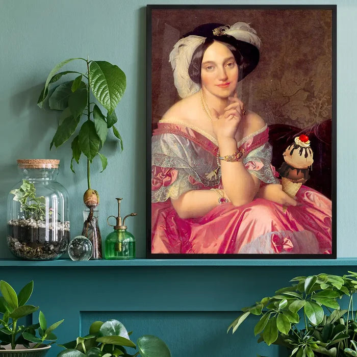 Ice Cream Lady Altered Art Print, quirky altered art print black framed on a living room shelf