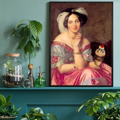 Ice Cream Lady Altered Art Print, quirky altered art print black framed on a living room shelf
