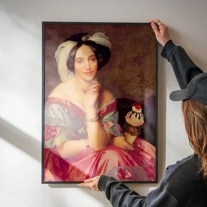 Ice Cream Lady Altered Art Print being hung on a wall in a black frame