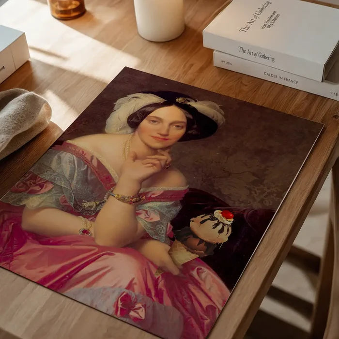 Ice Cream Lady Altered Art Print, quirky altered art print unframed on a home office desk