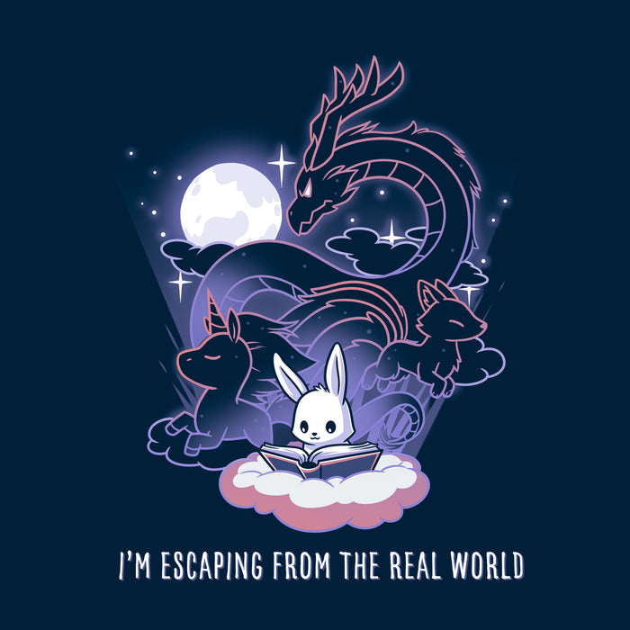 Classic Cotton T-shirt_TeeTurtle I'm Escaping from the Real World navy blue t-shirt featuring a bunny reading a book with a dragon, unicorn, and kitsune behind it.
