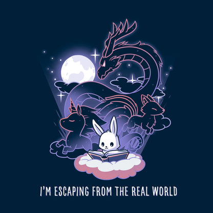 Classic Cotton T-shirt_TeeTurtle I'm Escaping from the Real World navy blue t-shirt featuring a bunny reading a book with a dragon, unicorn, and kitsune behind it.