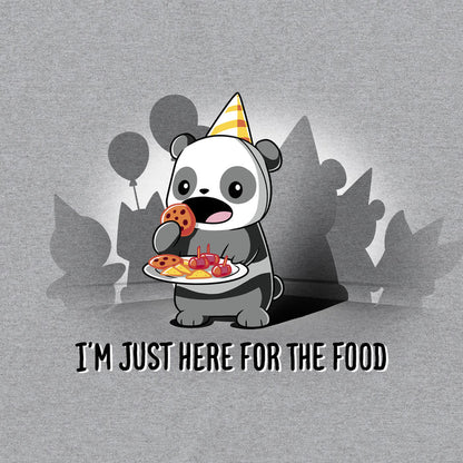 Classic Cotton T-shirt_TeeTurtle I'm Just Here for the Food heather gray t-shirt featuring a cartoon panda wearing a yellow party hat holding a tray of party food and about to eat a cookie, with the text "I'M JUST HERE FOR THE FOOD" below it. Shadows of balloons and party items are in the background.