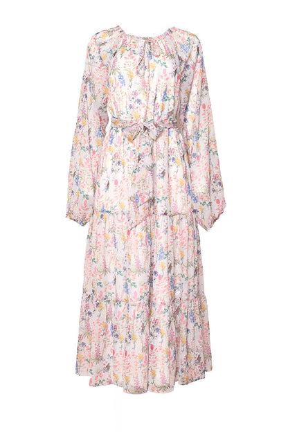 The Imogen Dress in Cordelia Floral by Ivy City Co is a flowy chiffon maxi with long sleeves, pastel floral print, gathered neckline, matching belt, and tiered skirt—maternity friendly with its loose fit.