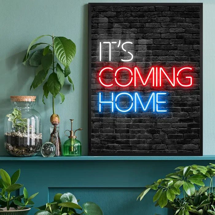 It's Coming Home England Football Poster Print black framed on a living room shelf