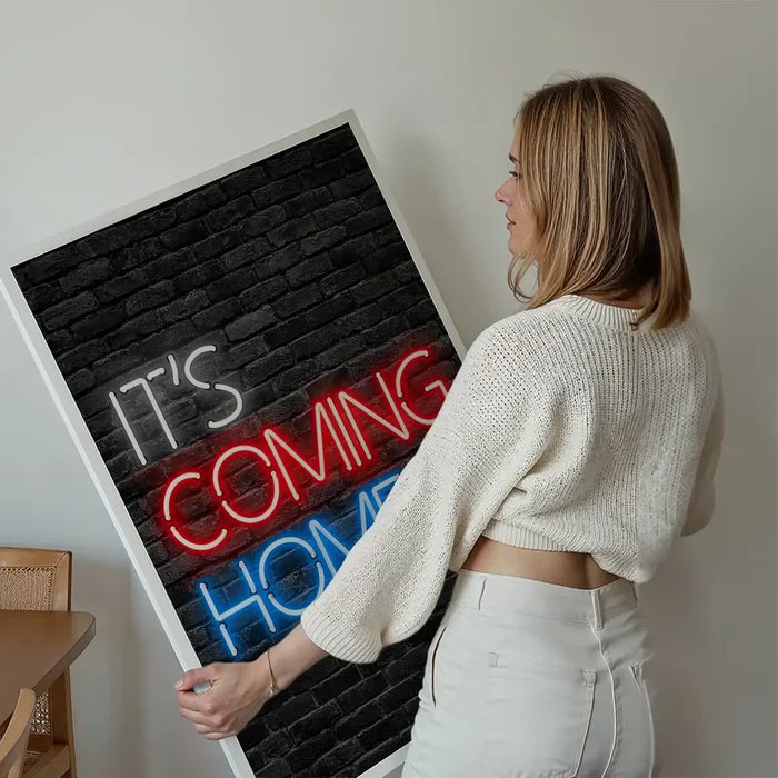 It's Coming Home England Football Poster Print held up against a living room wall